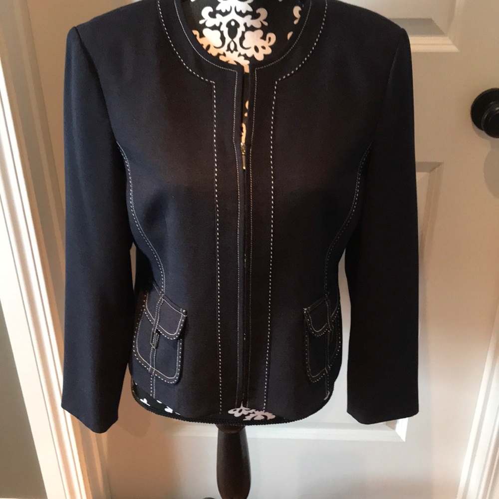 Just listed❤️fabulous classic black blazer with front zip w/white stitch detail